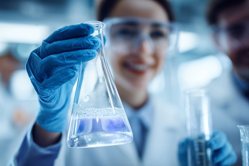 Smiling scientist in a laboratory holding a conical flask with clear liquid while wearing gloves and safety glasses, conducting a chemistry experiment with focus and precision.