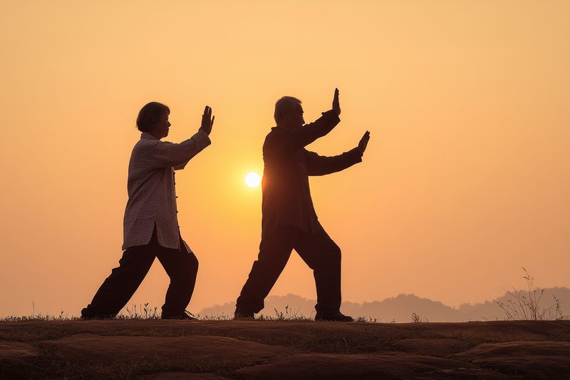 Silhouettes of two people practicing tai chi on a grassy hill at sunset, warm orange sky and peaceful postures conveying balance, harmony and mindful slow movement outdoors.