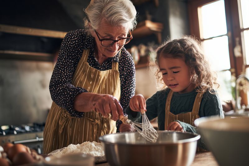 An elderly woman and her young granddaughter baking together in a cozy kitchen, whisking and mixing ingredients in a bowl while wearing aprons and sharing a warm bonding moment.