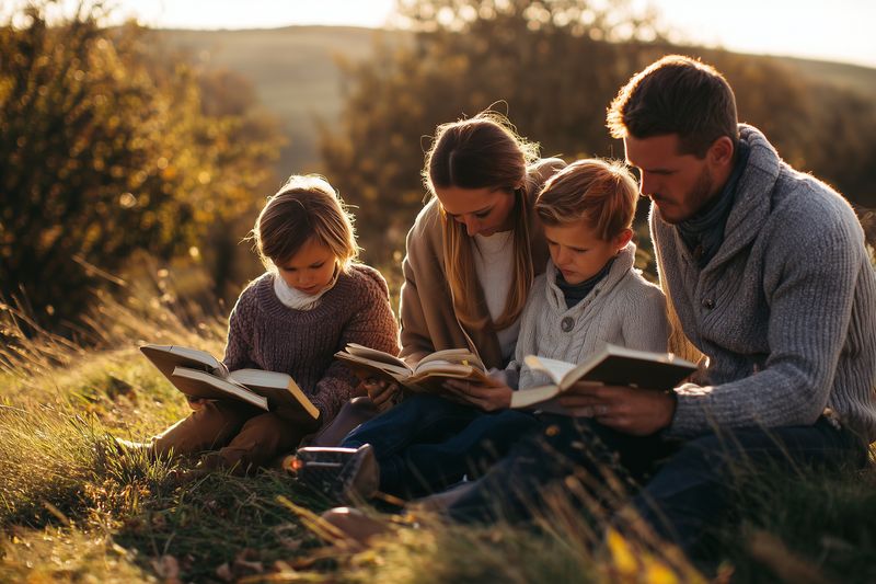 A family of four sits on a grassy hillside at golden hour, reading books together and sharing a quiet moment. Warm autumn light and natural surroundings create a cozy scene of bonding and calm.