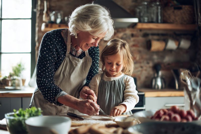 An elderly woman and a young girl bake together in a cozy rustic kitchen, smiling as they knead dough and share tender intergenerational moments surrounded by baking ingredients.