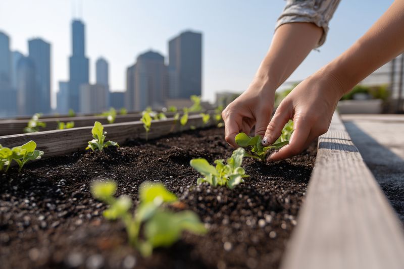 A close up of hands planting young vegetable seedlings in a raised rooftop garden bed with dark soil and a blurred city skyline in the background, illustrating sustainable urban farming and green