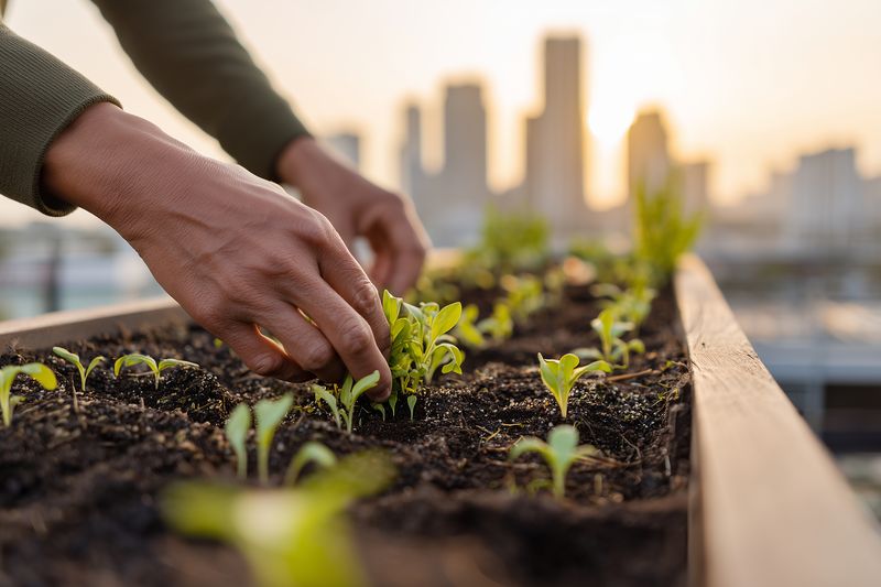 Close-up of hands planting young seedlings in a rooftop garden at golden hour, showing rich soil, tender green sprouts and a blurred urban skyline in warm sunlight.