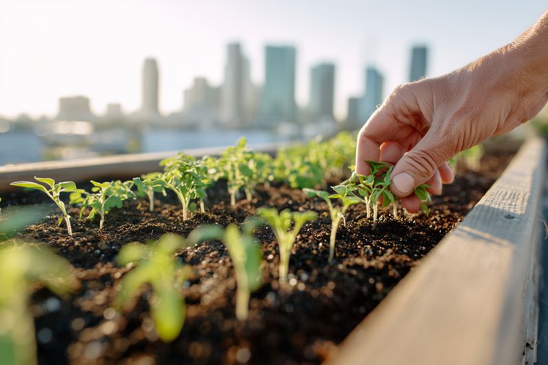 Close up of a hand planting young seedlings in a raised urban garden bed with fresh soil and small green sprouts, soft morning light and a blurred city skyline in the background.