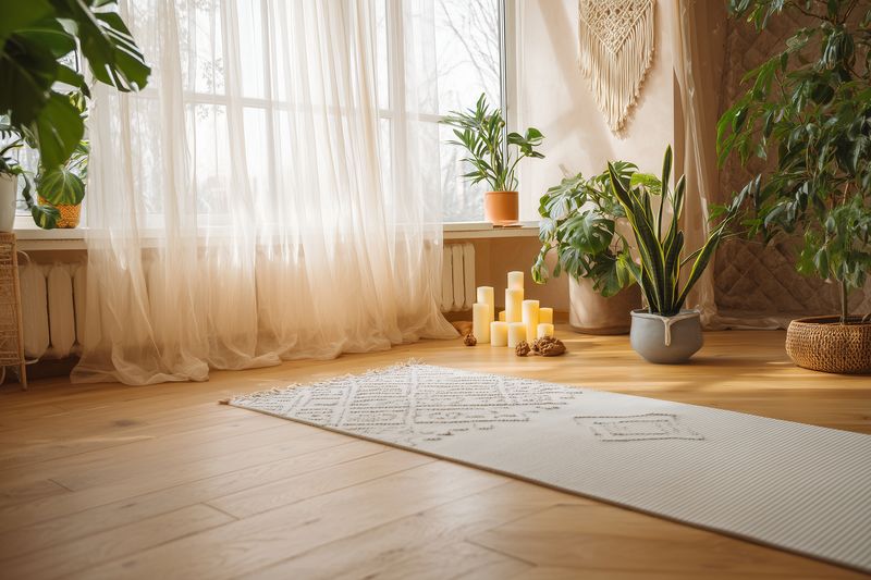Cozy indoor yoga corner with soft natural light, potted plants, candles and a textured mat on wooden floor, creating a warm serene atmosphere for meditation and relaxation.