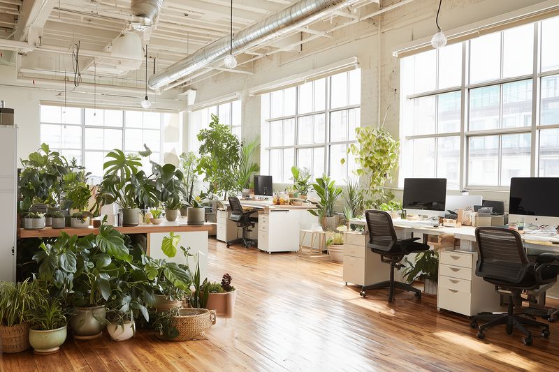 Bright modern open-plan office loft with large windows, hardwood floors and numerous potted plants, creating an airy, green coworking workspace with desks and computer monitors.