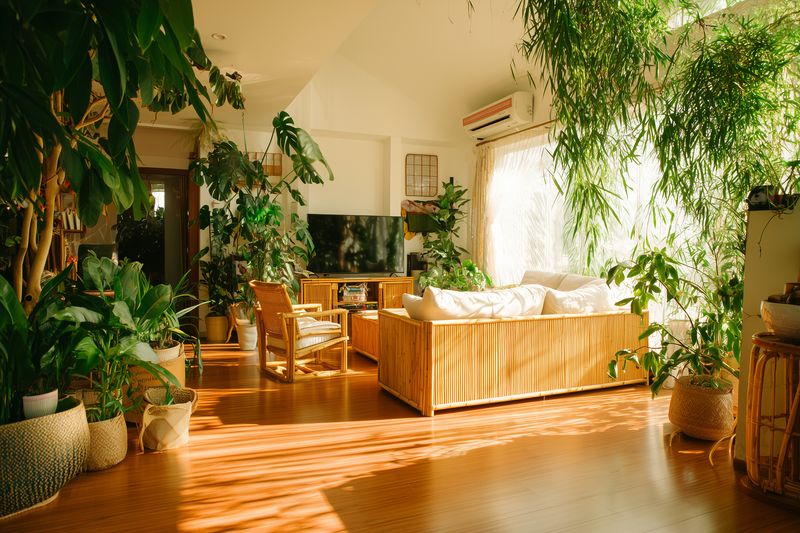 Sunlit bohemian living room filled with abundant indoor plants, natural rattan furniture and warm wooden floors creating a cozy, airy tropical atmosphere and serene urban oasis.