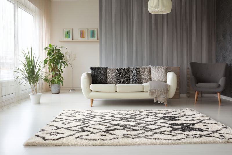 Bright modern living room interior with a light sofa, patterned rug and cozy cushions, featuring neutral tones, soft textures and stylish decor for comfortable contemporary home living and relaxation.