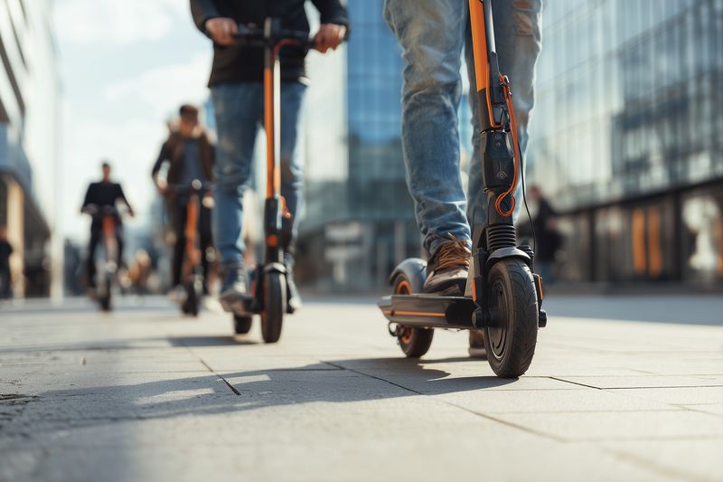 Group of commuters riding electric scooters on a modern city street, close-up of front scooter wheel and rider legs, motion blur and urban buildings in soft background light.