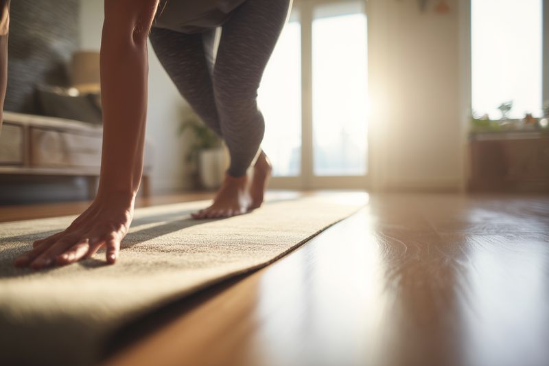 Closeup of a person practicing yoga on a mat in a sunlit living room, focusing on hands and feet as they prepare for a pose during a calm morning home workout.