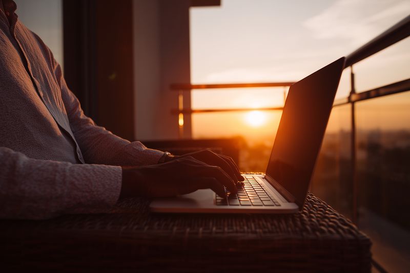 Silhouette of a person typing on a laptop at sunset on a balcony, warm golden backlight outlines hands and keyboard, evoking remote work, focus and evening productivity.