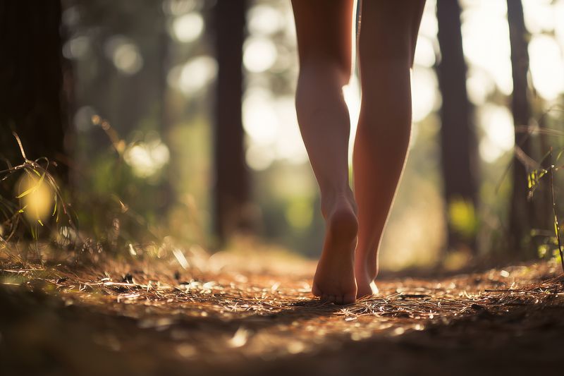 Close-up of bare feet walking along a sunlit forest floor, legs stepping on soft pine needles and soil, warm backlight and bokeh creating a peaceful, natural outdoor mood.