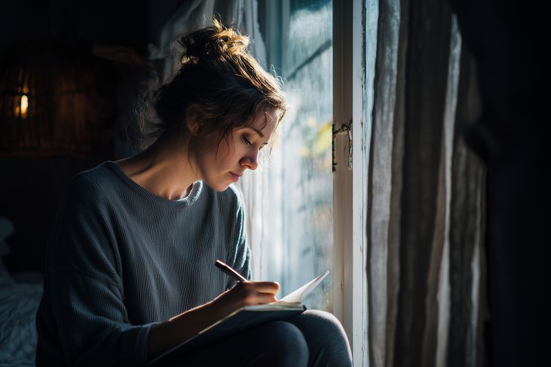 Young woman sitting by a window writing in a notebook, captured in soft natural light. Cozy indoor scene conveying introspection, creativity and calm focus.