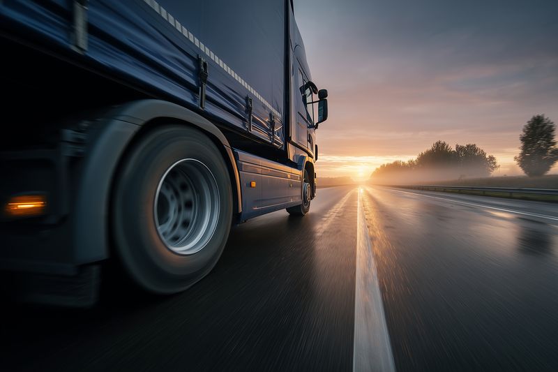 Close low angle shot of a large freight truck driving on a wet highway at sunrise, motion blur conveying speed and dynamic transport on an open road under dramatic sky.