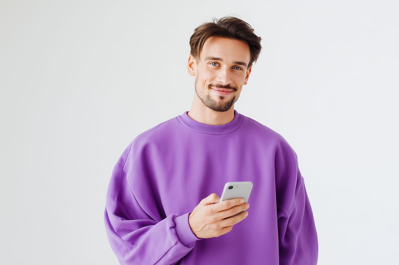 Portrait of a smiling young man wearing a purple sweater while holding a smartphone, looking at the camera against a clean white background, modern casual lifestyle image.