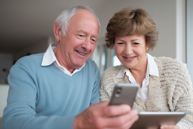 An elderly couple sit at home smiling while using a smartphone together, a tablet resting nearby, sharing a warm moment of companionship, learning and digital connection.