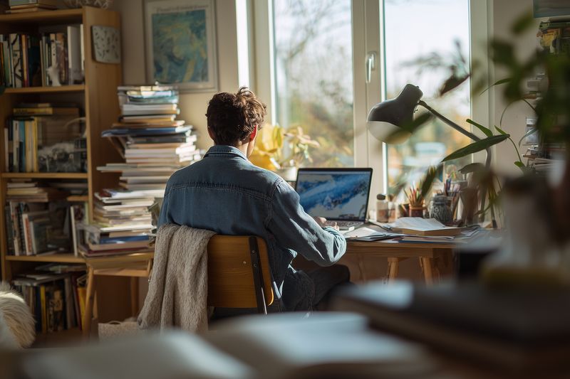 Young person working at a cluttered home desk with a laptop, natural light pouring through the window, surrounded by plants, books and papers in a cozy focused remote work setting.