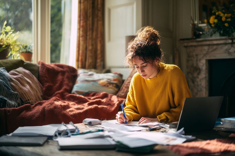 Young woman in a cozy living room concentrates on paperwork and a laptop, surrounded by notes and documents while studying or working from home in warm natural sunlight and casual attire.