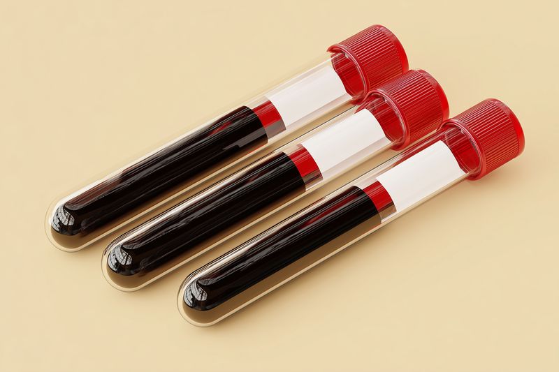 Three blood sample vials with red caps arranged on a neutral background, clinical laboratory concept showing diagnostic specimens ready for testing and analysis in a medical setting.