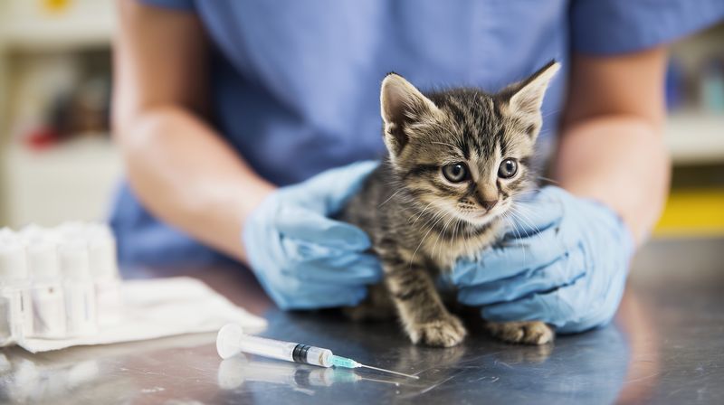A small tabby kitten sits on a stainless steel exam table while a veterinarian in blue gloves gently holds it beside medical supplies and a syringe, conveying care and concern.