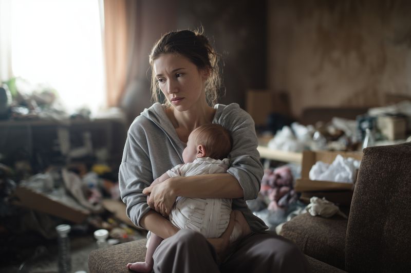 Young tired mother sits in a cluttered, dimly lit living room cradling a sleeping infant, conveying exhaustion, tenderness and the challenges of early parenthood in a neglected home.