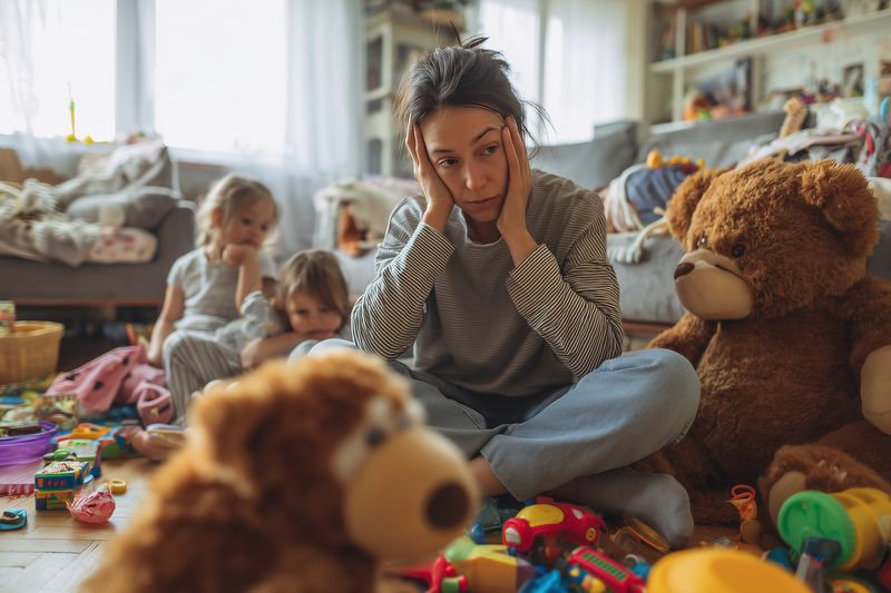 Tired young mother sits overwhelmed in a messy living room surrounded by scattered toys and two small children, conveying exhaustion, chaos and daily parenting challenge.