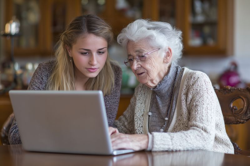 Young woman teaching her elderly grandmother to use a laptop at home, sharing a warm moment of learning and connection as they explore technology together in a cozy room.