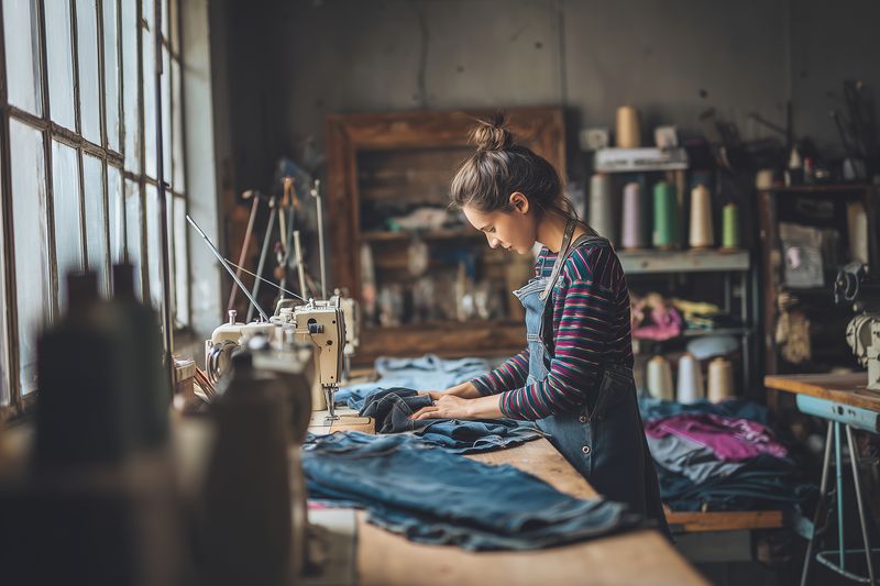 Young woman focused on sewing a pair of denim jeans in a rustic workshop, surrounded by sewing machines, fabric spools and natural light streaming through a large window.