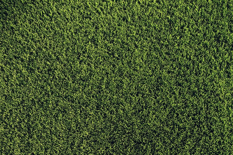 Aerial view of a lush green grass field showing dense uniform blades and natural texture, vibrant summer vegetation forming an abstract carpet-like pattern with subtle light and shadow.