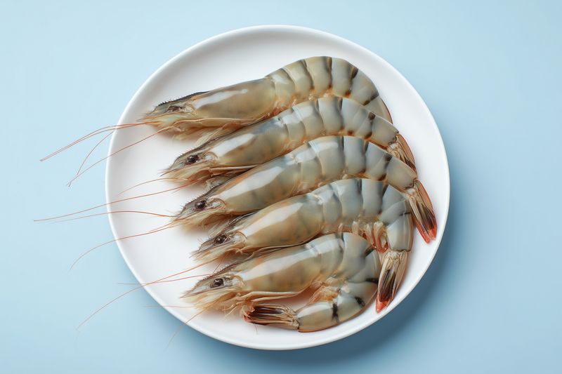 Raw shrimp arranged on a white plate against a pastel blue background, showcasing fresh seafood texture and shells, ideal for culinary, market, or food preparation imagery.