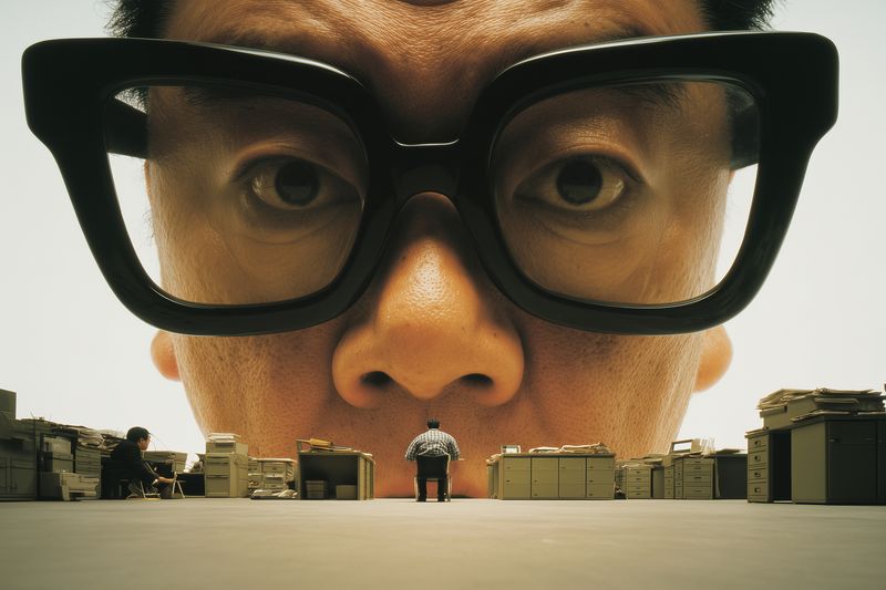 Surreal image of an oversized man with thick black glasses looming close above a tiny office worker among copiers and desks, highlighting power imbalance and workplace stress.
