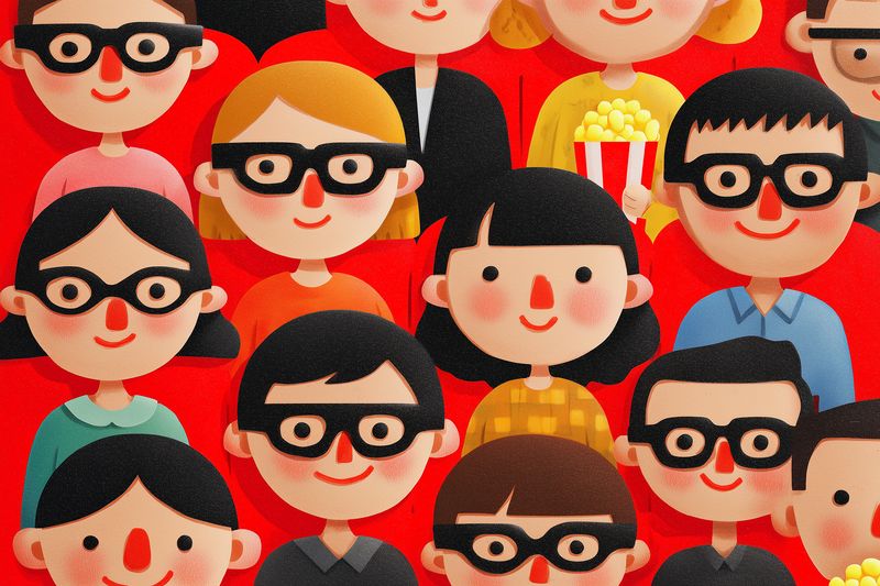 Illustrated crowd of cheerful smiling characters wearing glasses against a vivid red background, playful flat design with popcorn and varied hairstyles, retro textured pattern.