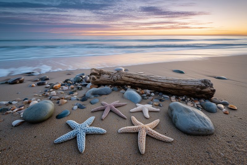 Five starfish in pastel hues arranged on a sandy beach with smooth pebbles and weathered driftwood at sunrise, gentle waves and soft colorful sky creating a serene coastal scene and peaceful light.