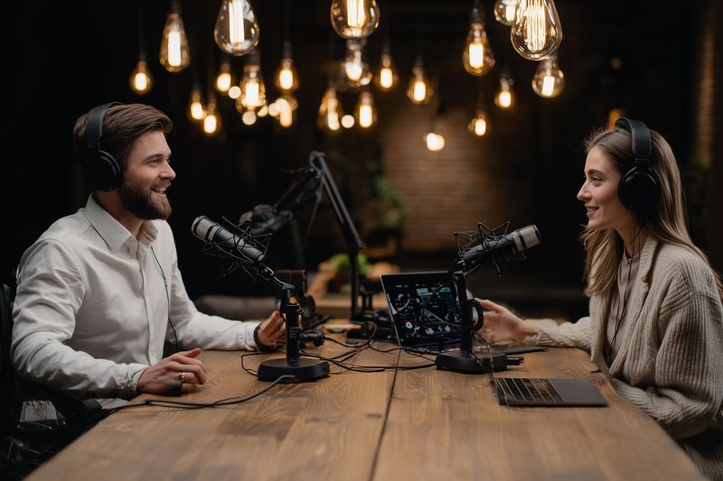 Two hosts recording a podcast in a cozy studio with professional microphones, headphones, laptop and warm hanging lights, engaged in conversation and smiling.