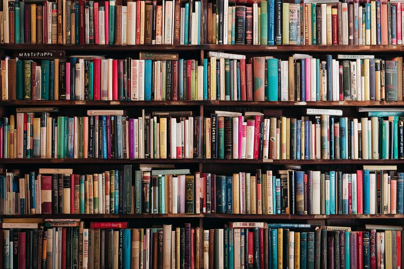 Wide view of densely packed bookshelves filled with assorted hardcovers and paperbacks, creating a colorful and textured backdrop ideal for reading, education, and literary themes.