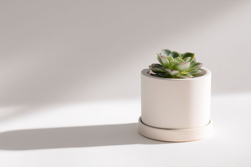 Minimal succulent in a white ceramic pot on a clean surface, soft natural light casting a long shadow, modern minimalist indoor plant decor and serene studio scene.