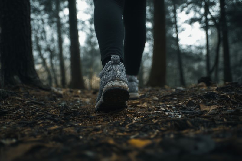 Low-angle close-up of a person walking on a leaf-covered forest trail, focusing on a sneaker sole and damp ground, evoking a moody autumn atmosphere and quiet solitude.