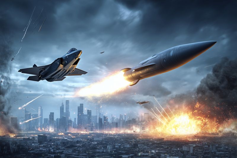 A modern fighter jet soars over a burning city as a supersonic missile streaks through a stormy sky, explosions and smoke illuminate the urban skyline in an intense combat scene.