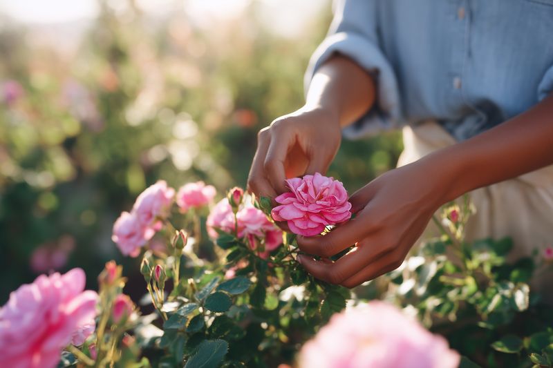Close-up of hands gently holding a blooming pink rose in a sunlit garden, conveying tender care, gardening hobby, and the delicate beauty of flowers in warm natural light.