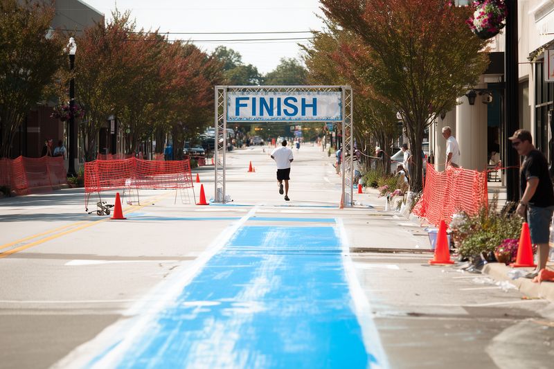 A lone runner approaches the finish banner on a closed street lined with orange cones and a bright blue finish carpet, spectators watching from the sidewalks.