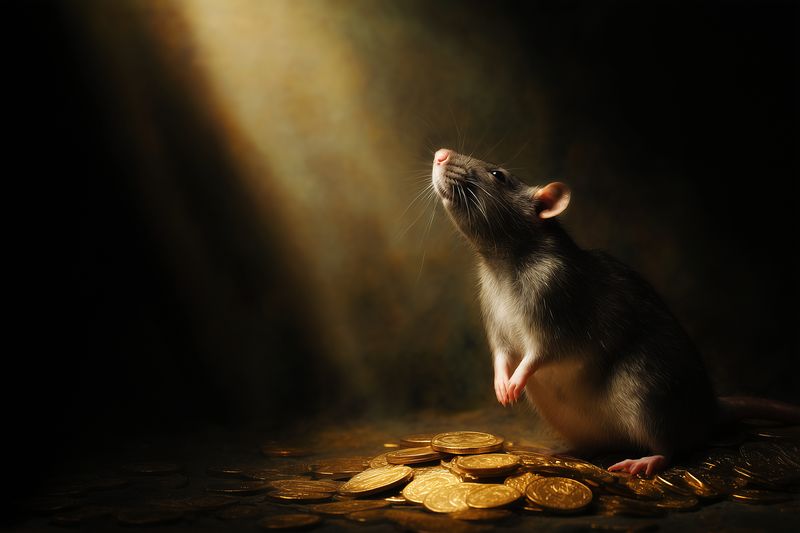 A dramatic studio portrait of a curious rat perched on a pile of shiny gold coins bathed in a warm beam of light, creating a moody, theatrical atmosphere.