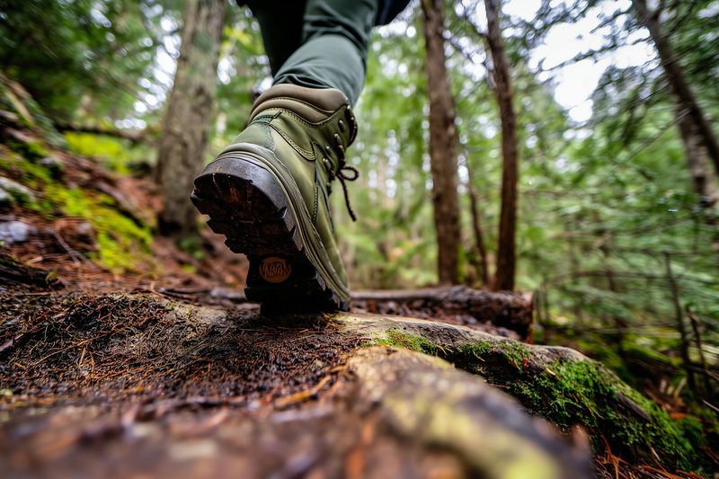 Low angle closeup of a hiking boot stepping over a mossy root on a forest trail, emphasizing rugged sole, outdoor motion, wet earthy textures and adventurous spirit in green woodland.