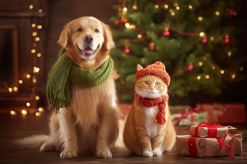 Golden retriever and ginger cat wearing cozy scarves and knitted hat pose together indoors near a decorated holiday tree with wrapped gifts, warm festive lights and bokeh.