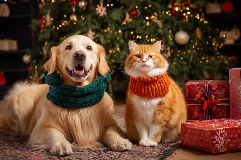 Golden retriever dog and ginger cat wearing knitted scarves pose together in front of a decorated Christmas tree with twinkling lights and wrapped holiday presents.