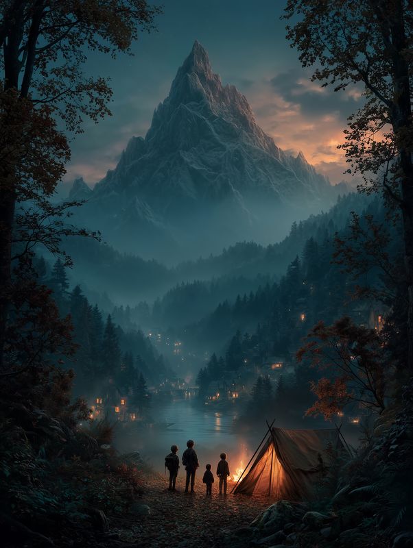Silhouettes of campers around a glowing tent beside a misty mountain lake at dusk, with distant village lights and a towering peak beneath a moody twilight sky, creating dramatic atmosphere.