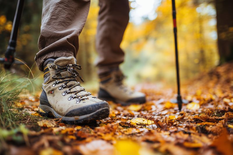 Close-up of hiking boots walking on a leaf-covered forest trail during autumn, showing rugged footwear and trekking poles while exploring a colorful woodland path with fallen leaves.