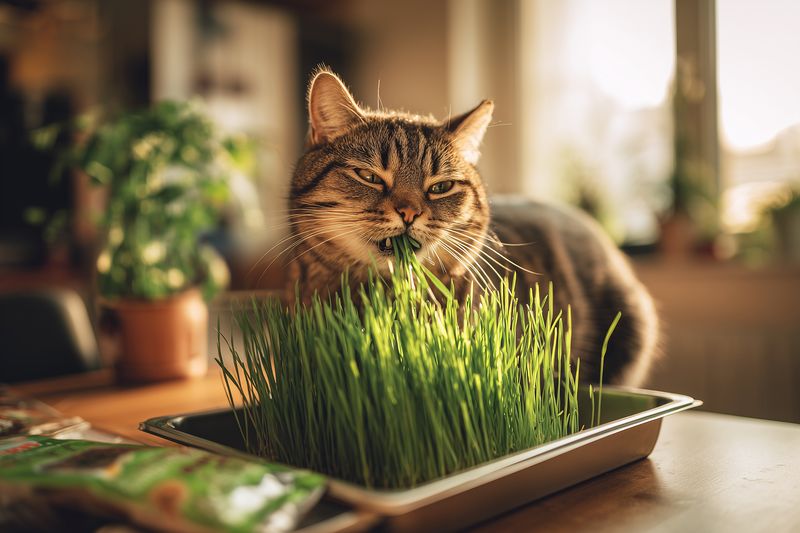 Tabby cat eating fresh wheatgrass from a tray on a sunlit table, enjoying a cozy indoor moment. Warm natural light highlights fur texture and playful whiskers in soft bokeh.
