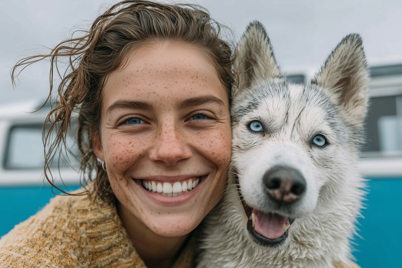 Close-up portrait of a smiling woman with freckles and a joyful husky dog with striking blue eyes, both showing playful expressions while posing together beside a camper van outdoors.