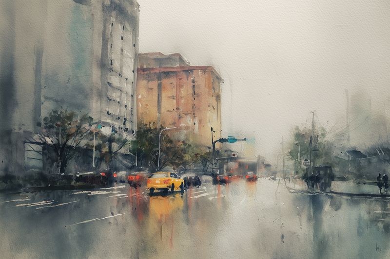 Atmospheric watercolor street scene in rain with wet reflections on pavement, blurred vehicles and soft light creating moody urban impression of motion and rainy city atmosphere.