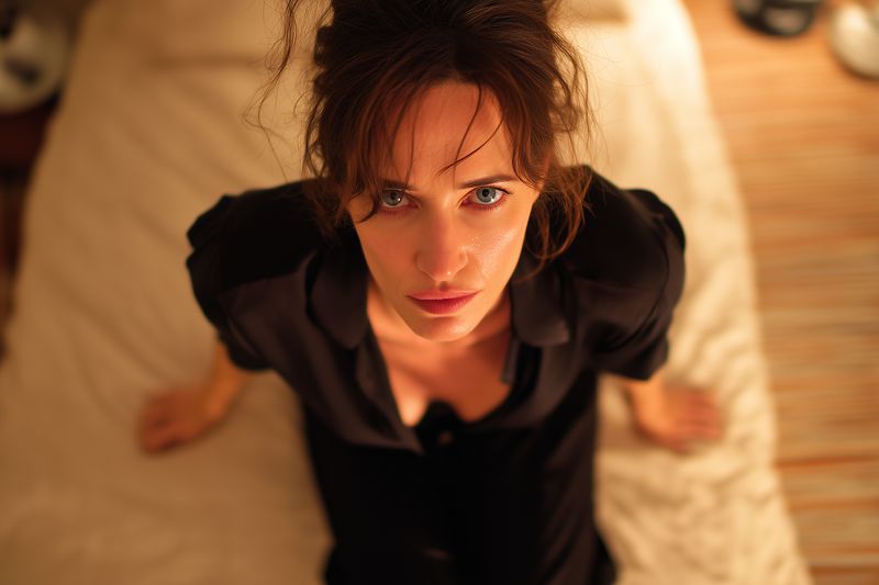 Intimate portrait of a woman sitting on a bed and looking up at the camera, warm ambient lighting casting soft shadows across her face, shallow depth of field creates a cozy cinematic atmosphere.